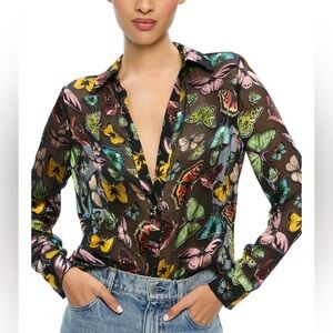 Alice and Olivia Butterfly Print Sheer Blouse